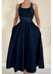 Elbee Fashion Woman فستان أزرق ميدي من الدنيم - مخطط