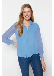  Collection قميص منسوج أزرق فاتح - أكمام شفافة، مقاس عادي TWOAW20GO0116