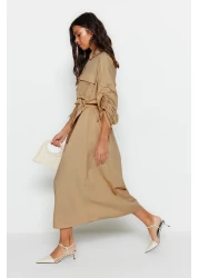  Modest Beige Cotton Shirt Dress with Adjustable Sleeves and Buttons - Tctss23Eb00365