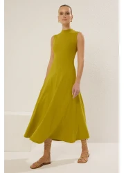  Collection Oil Green Stand Collar a Line/Bell Cut Cotton Maxi Knitted Dress Twoss25El00462