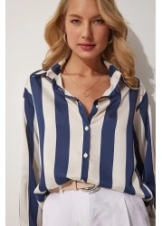 Happiness İstanbul Women's Navy Blue Cream Striped Satin Shirt DD01206