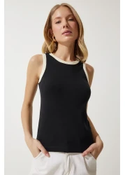 Happiness İstanbul تي شيرت نسائي أسود بدون أكمام بألوان متباينة NJ00145