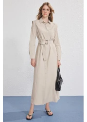  Modest Beige Belt Buckle Detailed Woven Terrycotton Dress Tctss25Eb00134