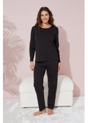 Siyah İnci Cotton Black and Pink Polka Dot Pajamas Set
