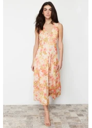  Collection V-Neck Tulle Flexible Knitted Dress - Multicolored Floral Printed TWOSS24EL00384