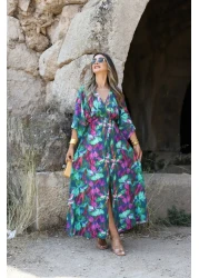 bytugcekaya Mixed Color Dress with Bat Sleeve and Slit Detail