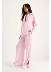 Bianco Lucci Women's Shirt Collar Self-Striped Comfortable Fit Summer Bottom-Top Suit 6016 60283381