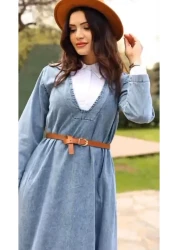 Cardella Premium Quality Belted Shirt Collar Denim Jeans Dress Hijab Compatible Jean Dress