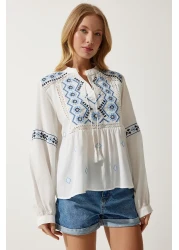 Happiness İstanbul Women's White Embroidered Woven Blouse ES00162