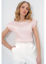Trend Alaçatı Stili Women's Candy Pink Boat Neck Shoulders Hole Openwork Sleeveless Knitwear Blouse Alc-X13436