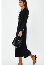  Modest Black Double Breasted Collar Button Detailed Woven Dress TCTSS24EB00020