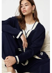  Modest Navy Blue Knitwear Cardigan and Trousers Set with Gold Buttons and Pockets - TCTAW24US00107