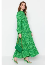  Modest Green Patterned Half Placket Wide Fit Cotton Woven Dress TCTSS23EB00222