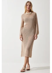 Happiness İstanbul Women's Dark Beige Scrolled See-through Long Knitwear Dress PF00064