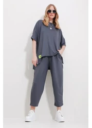 Trend Alaçatı Stili Women's Anthracite Crew Neck Asymmetrical Cut with Ankle Blouse and Pants Set ALC-X11604
