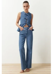  Collection Dark Blue Print High Waist Wide Leg Jeans Twoss24Je00278