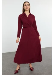  Modest Burgundy Wrap Neck Pleated Knit Dress with Accessory Detail TCTAW25EB00138