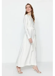  Modest Linen Texture - Zip and Belted White Dress Tctss23Eb00219