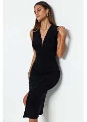  Collection فستان أسود محبوك مرن متوسط الطول مزين برباط TWOSS23EL00751