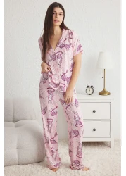  Collection Pink Animal Print Ribbed Viscose Woven Pajamas Set Thmss25Pt00022