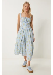 Happiness İstanbul Women Blue Yellow Floral Pattern Summer Midi Poplin Dress Ub00353