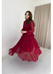 HELİS BUTİK Burgundy Chiffon Dress - Neck Collar and Drape Detail