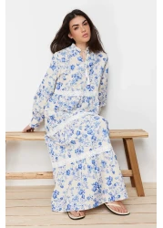  Modest Beige Linen Look Floral Woven Dress TCTSS24EB00054