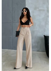 Ortaya Çık بنطلون بالازو قماش مطوي باللون البيج