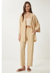 Happiness İstanbul Women's Cream Kimono Trousers Knitted Set BY00050