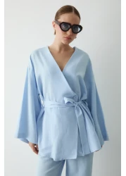 Laluvia Blue Cotton Kimono Wide Leg Pants Set