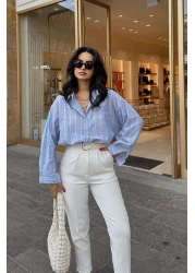 Lusin قميص نسائي كبير الحجم مخطط بأكمام طويلة - أزرق