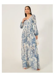 Styli فستان ماكسي بطبعات زهور وأكمام طويلة على شكل حرف A