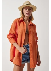 Happiness İstanbul Women's Orange Oversize Muslin Shirt with Pockets MX00150