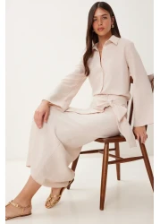 Happiness İstanbul Women's Cream Linen Shirt Skirt Suit Fn03475