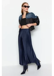  Collection Navy Blue Pleated Maxi Stretchy Knitted Skirt TWOSS24ET00041