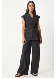 Happiness İstanbul Black Belted Palazzo Vest and Knitted Set - BY00055