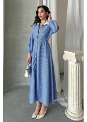 MD trend فستان نسائي طويل مخطط بياقة بأزرار وخصر مطاطي