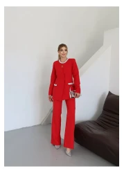 1Moda1Tarz Women's Imported Fabric Stone Embroidered Collar and Button Detailed Lined Jacket Pants Design Set