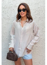 King Brothers قميص نسائي فضفاض مناسب لصديقك، قميص مخطط سميك باللون البيج مع جيب واحد وأكمام طويلة