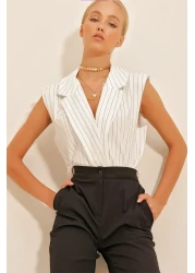 Trend Alaçatı Stili Women's White Shirt Collar Fillet Striped Blouse ALC-X10724