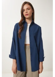 Happiness İstanbul Women's Navy Blue Oversize Long Basic Shirt 3900 DD00842