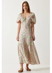 Happiness İstanbul Women's Beige Pink Patterned Balloon Sleeve Summer Viscose Dress FN03177