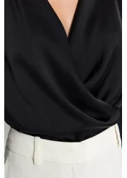  Collection Black Double Breasted Satin Woven Blouse TWOAW24BZ00423