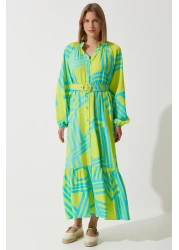 Happiness İstanbul Women's Oil Green Belted Oversize Summer Viscose Dress ZH00034
