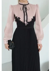 1Moda1Tarz فستان نسائي مستورد من قماش الشيفون اللامع Yoryo مزين بالدانتيل ومطوي ومزين بشريط مبطن بتصميم خاص