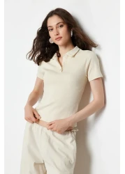  Collection Beige Polo Neck Buttoned Short Sleeve Stretchy Ribbed Knitted Blouse TWOSS24BZ00111