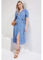  Collection Blue Floral Pattern Belted Midi Woven Viscose Shirt Dress TWOSS20EL1559