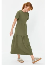  Collection Khaki Gathered Short Sleeve Knitted Maxi T-Shirt Dress Twoss24El00132