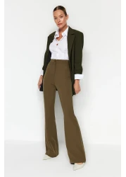  Collection Khaki Spanish Leg Flare Woven Fabric Trousers Tofaw19Bb0581