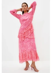  Modest فستان من الشيفون المنسوج مع تنورة زهرية وكشكش TCTSS23EB00160